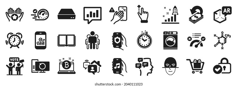 Set of Technology icons, such as Group, Music app, Speedometer icons. Augmented reality, Work home, Voting campaign signs. Time management, Mini pc, Favorite. Recovery computer, Book, Time. Vector