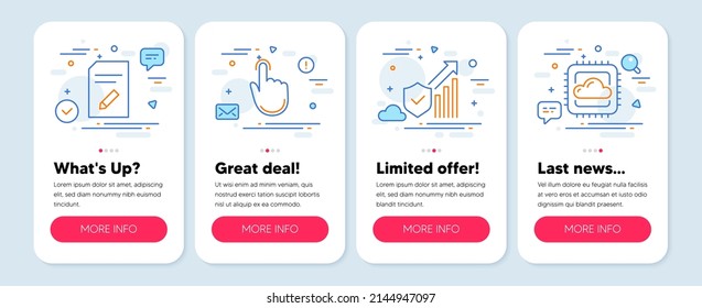 Set of Technology icons, such as Hand click, Security statistics, Edit document symbols. Mobile screen mockup banners. Cloud computing line icons. Vector