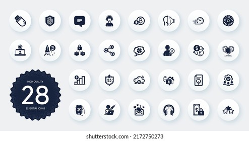 Set of Technology icons, such as Headphones, Refresh bitcoin and Ph neutral flat icons. Thumb down, Flight mode, Work home web elements. Teamwork, Video conference, Ranking stars signs. Vector