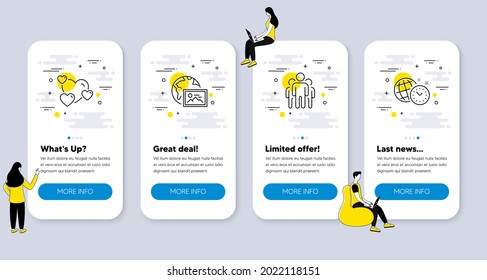 Juego de iconos de tecnología, como Corazón, Grupo, Iconos de fotos Web. pantallas de aplicación de la interfaz de usuario con personas. Símbolos de línea de administración de tiempo. Clasificación de amor, Gestores, marcador de posición de imagen. Reloj mundial. Vector