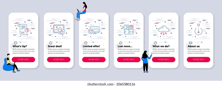 Juego de iconos de tecnología, como Corazón, Cloud Computing, Like photo iconos. pantallas de aplicación de teléfono de interfaz de usuario con trabajo en equipo. Juego de rompecabezas, Informe, Desplazar hacia abajo símbolos de línea. Vector