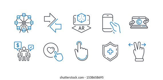 Set of Technology icons, such as Hold smartphone, Ferris wheel, Hand click, Teamwork, Copywriting notebook, Synchronize, Like button, Augmented reality, Medical shield, Touchscreen gesture. Vector