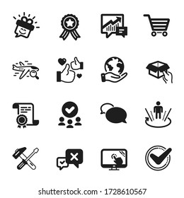 Set von Technologie-Icons, wie z. B. Hold box, Touch Screen. Zertifikat, zugelassene Gruppe, retten Planet. Hammerwerkzeug, Flugsuche, bestätigt. Lächeln, erweiterte Realität, Buchhaltung. Vector