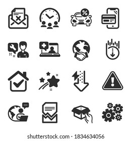 Set of Technology icons, such as Hold box, Scroll down, Car leasing symbols. Cogwheel, Global business, Repairman signs. Corrupted file, Meeting time, Medical help. Reject letter. Vector