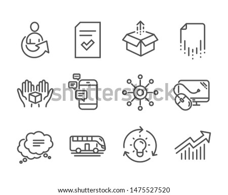 Set of Technology icons, such as Hold box, Idea, Computer mouse, Send box, Recovery file, Communication, Demand curve, Checked file, Text message, Multichannel, Bus tour, Share line icons. Vector