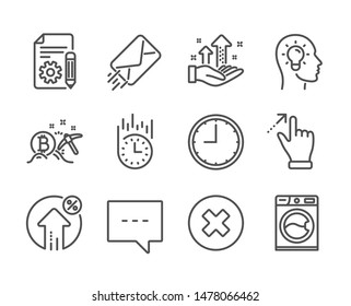 Set of Technology icons, such as Idea head, Loan percent, Touchscreen gesture, Close button, Bitcoin mining, E-mail, Blog, Analysis graph, Documentation, Fast delivery, Washing machine. Vector