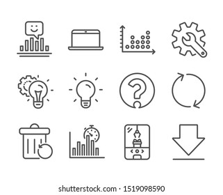 Set of Technology icons, such as Idea gear, Customisation, Report timer, Dot plot, Downloading, Refresh, Smile, Recovery trash, Light bulb, Laptop, Question mark, Crane claw machine. Vector