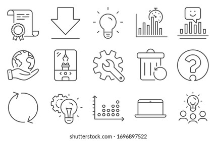 Set of Technology icons, such as Idea gear, Customisation. Diploma, ideas, save planet. Report timer, Dot plot, Downloading. Refresh, Smile, Recovery trash. Light bulb, Laptop, Question mark. Vector