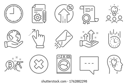 Juego de íconos de Tecnología, como cabeza de Idea, Porcentaje de préstamo. Diploma, ideas, salvar el planeta. Gesto de pantalla táctil, botón Cerrar, minería de bitcoin. Correo electrónico, blog, gráfico de análisis. Vector