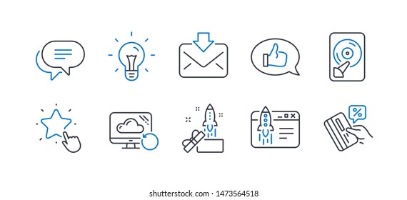 Set of Technology icons, such as Innovation, Idea, Text message, Recovery cloud, Hdd, Ranking star, Feedback, Incoming mail, Start business, Credit card line icons. Crowdfunding, Light bulb. Vector