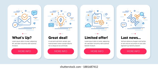 Set of Technology icons, such as Inspiration, Approved mail, Report checklist symbols. Mobile app mockup banners. Chemistry dna line icons. Creativity, Confirmed document, Sales growth file. Vector