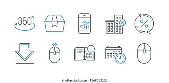 Set of Technology icons, such as Instruction info, Calendar, Loan percent, Full rotation, Package box, Loan house, Smartphone statistics, Downloading, Swipe up, Computer mouse line icons. Vector