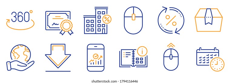 Set of Technology icons, such as Instruction info, Calendar. Certificate, save planet. Loan percent, Full rotation, Package box. Loan house, Smartphone statistics, Downloading. Vector