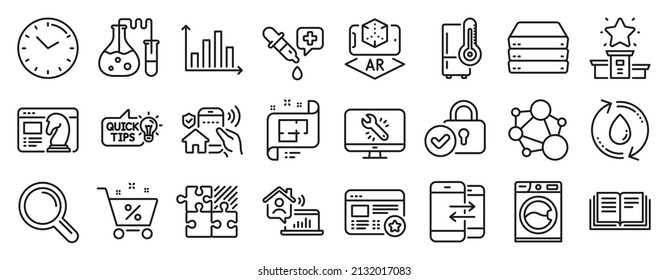 Set Of Technology Icons, Such As Integrity, Washing Machine, Verified Locker Icons. Education Idea, Time, Puzzle Game Signs. Diagram Graph, Seo Strategy, Refrigerator. Favorite, Research. Vector