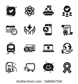 Set of Technology icons, such as Internet downloading, Megaphone. Certificate, approved group, save planet. Bitcoin chart, Atom, Employees talk. Phone repair, Certificate, Confirmed. Vector
