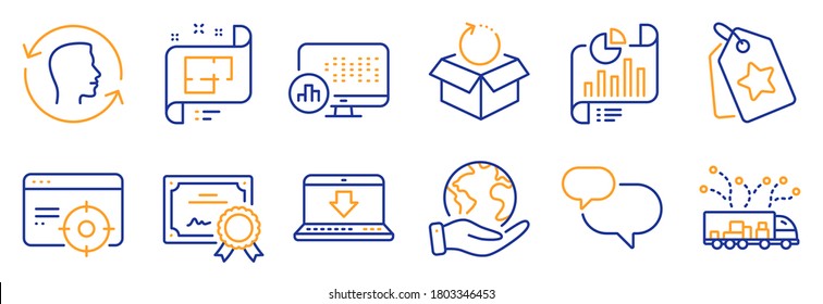 Juego de iconos de tecnología, como descarga de Internet, Face id. Certificate, save planet. Plan arquitectónico, etiquetas de lealtad, documento de informe. Paquete de devolución, mensaje de chat, estadísticas de informe. Vector