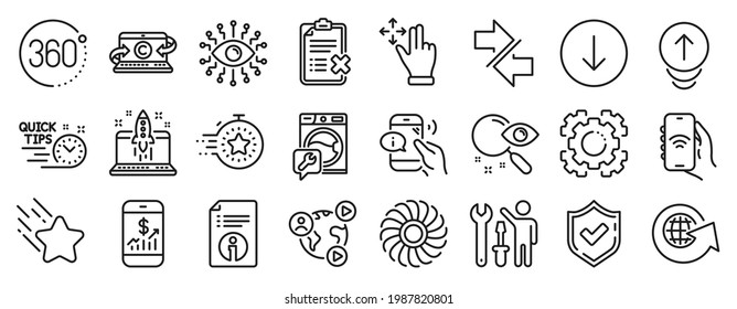 Juego de iconos de tecnología, como aplicaciones de Internet, Iconos de Timer, Videoconferencia. Empieza el negocio, desliza, 360 grados. Motor del ventilador, lista de comprobación de rechazo, Repairman. Mover gesto, Buscar. Vector