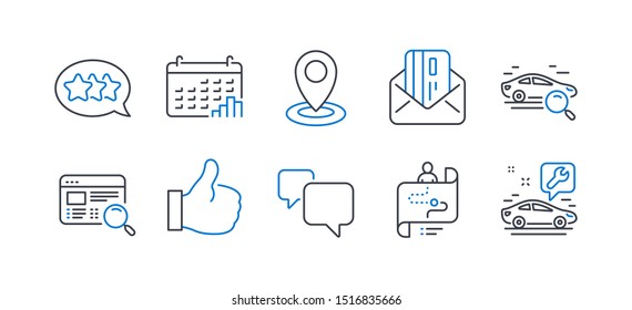 Conjunto de iconos de Tecnología, como Trayectoria de viaje, camión de búsqueda, Estrellas, Burbuja de voz, Tarjeta de crédito, Ubicación, Búsqueda en sitios web, Gráfico de calendario, Como, iconos de línea de servicio de Camión. Icono de ruta de viaje de línea. Vector
