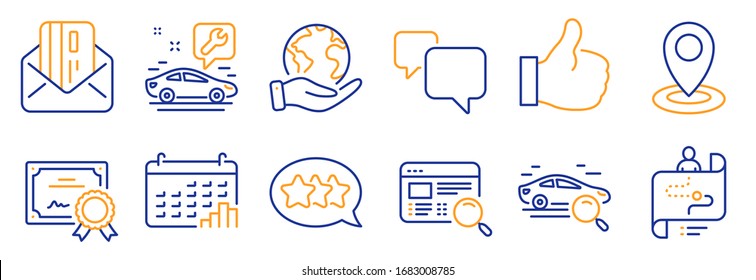 Set of Technology icons, such as Journey path, Search car. Certificate, save planet. Stars, Speech bubble, Credit card. Location, Website search, Calendar graph. Like, Car service line icons. Vector