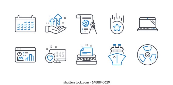 Set of Technology icons, such as Laptop, Heart, Typewriter, Ship, Seo statistics, Analysis graph, Loyalty star, Divider document, Calendar, Chemical hazard line icons. Computer, Social media. Vector