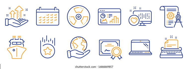 Set of Technology icons, such as Laptop, Heart. Certificate, save planet. Typewriter, Ship, Seo statistics. Analysis graph, Loyalty star, Divider document. Calendar, Chemical hazard line icons. Vector