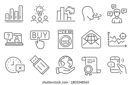 Juego de iconos de tecnología, como Lavandería, Mensajes de conversación. Diploma, ideas, salvar el planeta. Compra, análisis de Seo, ejercicio respiratorio. Centro de llamadas, gráfico de disminución, flash Usb. Vector