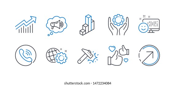 Set of Technology icons, such as Like, Hammer blow, Call center, Demand curve, Smile, Employee hand, Megaphone, 3d chart, Seo gear, Direction line icons. Thumbs up, Crash tool. Line like icon. Vector