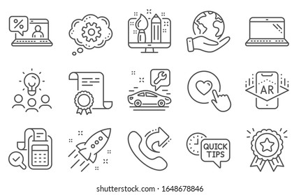 Set von Technologie-Symbolen wie z. B. Like Button, Augmented Reality, Auto-Service. Diplom, Ideen, retten Planet. Online-Darlehen, Rechnungslegung, Treueverleihung. Cograd, Startup-Rakete, Laptop. Vektorillustration