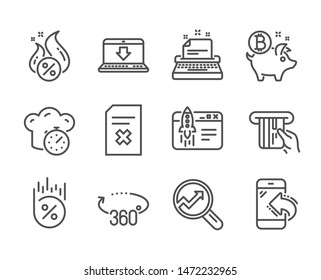 Set of Technology icons, such as Loan percent, Start business, Delete file, Hot loan, Bitcoin coin, Internet downloading, Cooking timer, Analytics, Credit card, Typewriter, Incoming call. Vector