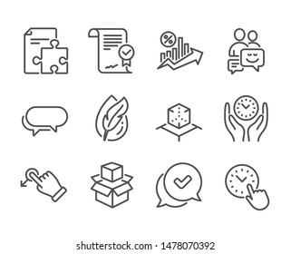 Set of Technology icons, such as Loan percent, Time management, Hypoallergenic tested, Approved, Drag drop, Strategy, Augmented reality, Packing boxes, Approved agreement, Messenger. Vector