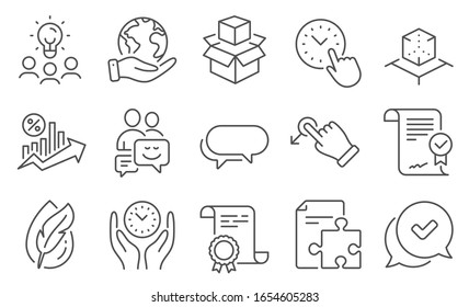 Conjunto de iconos de tecnología, como Porcentaje de préstamo, Administración de tiempo. Diploma, ideas, salva el planeta. Hipoalergénico probado, Aprobado, Arrastrado. Estrategia, Realidad aumentada, Embalaje de cajas. Vector