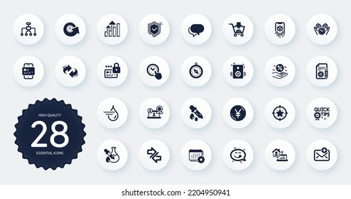 Juego de iconos de tecnología, como por ejemplo Porcentaje de préstamo, Consejos rápidos e íconos planos de pipeta de química. Sincronizar, grafo de análisis, elementos web de compras. Tarjeta, correo nuevo, carteles de casa de trabajo. Botones de círculo. Vector
