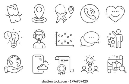 Set of Technology icons, such as Location, Smartphone waterproof. Diploma, ideas, save planet. Employee, Time management, Search map. Smartphone cloud, Airplane, Consultant. Vector
