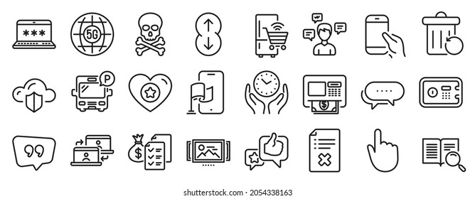 Set of Technology icons, such as Location app, Quote bubble, Safe time icons. Atm, 5g internet, Like signs. Reject file, Search text, Dots message. Hold smartphone, Heart, Refrigerator. Vector