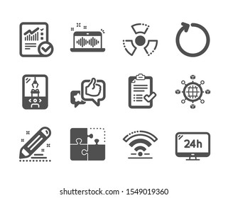 Set of Technology icons, such as Logistics network, Brand contract, Loop, Chemical hazard, 24h service, Approved checklist, Music making, Crane claw machine, Wifi, Checked calculation. Vector