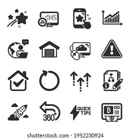 Set Of Technology Icons, Such As Loop, Graph, Quickstart Guide Symbols. Cloud Computing, Report Statistics, Star Rating Signs. Parking Garage, Startup Rocket, 360 Degrees. Bitcoin Atm. Vector