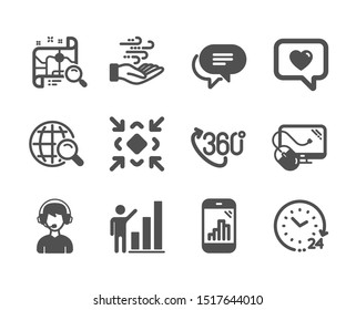 Set of Technology icons, such as Love message, Internet search, Text message, Graph phone, Consultant, Minimize, 360 degree, 24 hours, Graph chart, Wind energy, Search map, Computer mouse. Vector