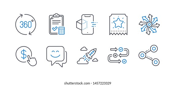 Set of Technology icons, such as Loyalty ticket, Versatile, Buy currency, Startup rocket, 360 degrees, Augmented reality, Survey progress, Smile face, Accounting checklist, Share. Vector