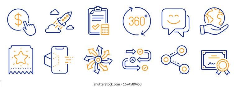 Set of Technology icons, such as Loyalty ticket, Versatile. Certificate, save planet. Buy currency, Startup rocket, 360 degrees. Augmented reality, Survey progress, Smile face. Vector