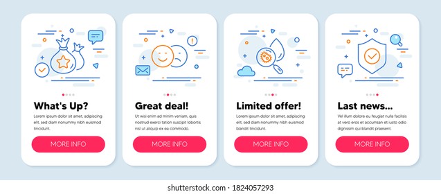 Set of Technology icons, such as Loyalty points, Like, Water analysis symbols. Mobile screen mockup banners. Security shield line icons. Money bags, Social media dislike, Aqua bacteria. Vector