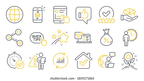 Set of Technology icons, such as Loyalty points, Share, Loan symbols. Globe, Quick tips, Update data signs. Mail, Fast verification , Hold box. Rating stars, Like, Waiting. Online survey. Vector