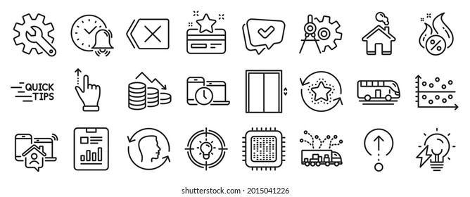 Set of Technology icons, such as Loyalty card, Cogwheel dividers, Education icons. Electricity bulb, Face id, Bus tour signs. Remove, Lift, Time management. Idea, Money loss, Home. Vector