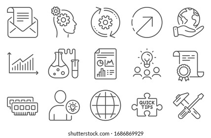 Set of Technology icons, such as Mail newsletter, Direction. Diploma, ideas, save planet. Cogwheel, Quick tips, Globe. Graph, Ram, Thoughts. User idea, Hammer tool, Chemistry lab. Vector