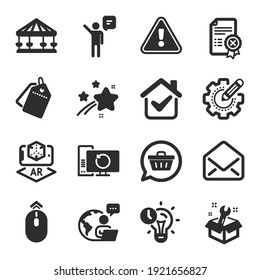 Set of Technology icons, such as Mail, Agent, Shopping cart symbols. Reject certificate, Time management, Spanner signs. Swipe up, Carousels, Sale tags. Augmented reality, Settings gear. Vector