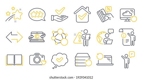 Set of Technology icons, such as Manual doc, Agent, Stars symbols. Approved, Recovery laptop, Credit card signs. Sync, Photo camera, Integrity. Recovery cloud, Dermatologically tested. Vector