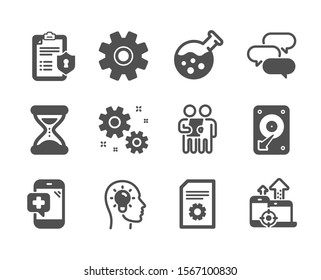 Set of Technology icons, such as Medical phone, Time, Seo devices, Work, Privacy policy, File settings, Idea head, Service, Hdd, Survey, Talk bubble, Chemistry lab classic icons. Vector