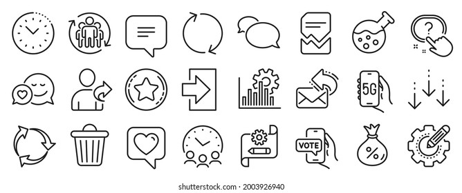 Set of Technology icons, such as Meeting time, Refer friend, Scroll down icons. Online voting, Cogwheel blueprint, Recycle signs. Heart, Teamwork, Dating. Trash bin, Time management, Loan. Vector