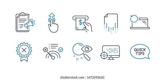 Conjunto de iconos de Tecnología, como la lista de verificación de megáfono, archivo de recuperación, Búsqueda, sin Internet, rechazar medalla, portátil de recuperación, servicio de cajero automático, deslizar hacia arriba, Seo, iconos de línea de guía de inicio rápido. Vector