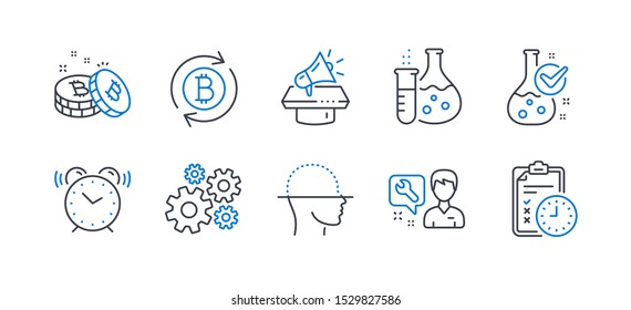 Set of Technology icons, such as Megaphone, Repairman, Alarm clock, Refresh bitcoin, Cogwheel, Face scanning, Bitcoin, Chemistry flask, Chemistry lab, Exam time line icons. Line megaphone icon. Vector