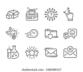 Set of Technology icons, such as Messenger mail, Star, Eco energy, Fast delivery, Recovery devices, Touchscreen gesture, Smile, Packing boxes, Reject mail, Question mark, Loyalty card. Vector